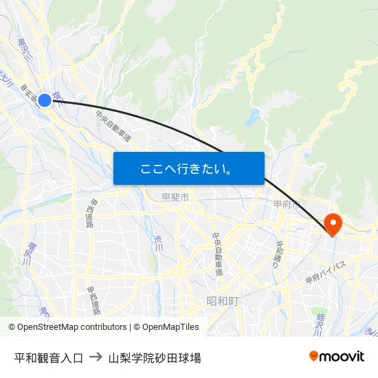 平和観音入口 to 山梨学院砂田球場 map