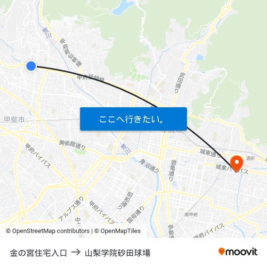 金の宮住宅入口 to 山梨学院砂田球場 map
