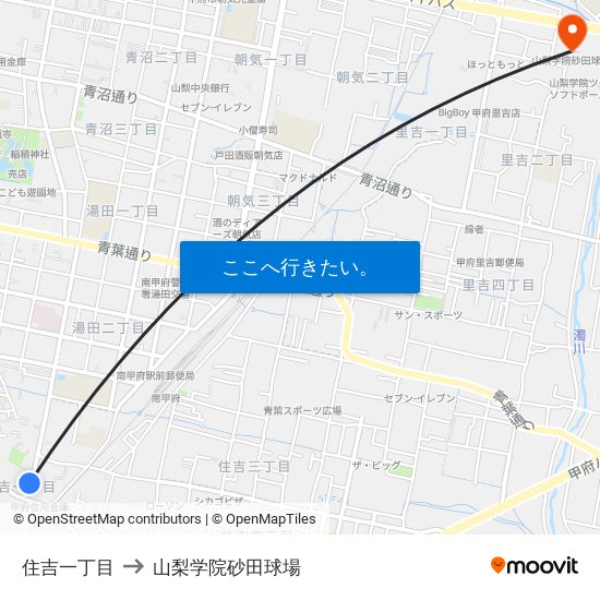 住吉一丁目 to 山梨学院砂田球場 map