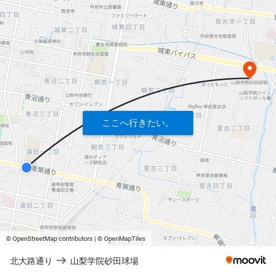 北大路通り to 山梨学院砂田球場 map