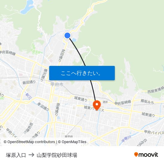 塚原入口 to 山梨学院砂田球場 map