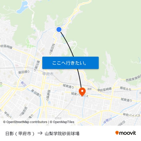 日影（甲府市） to 山梨学院砂田球場 map