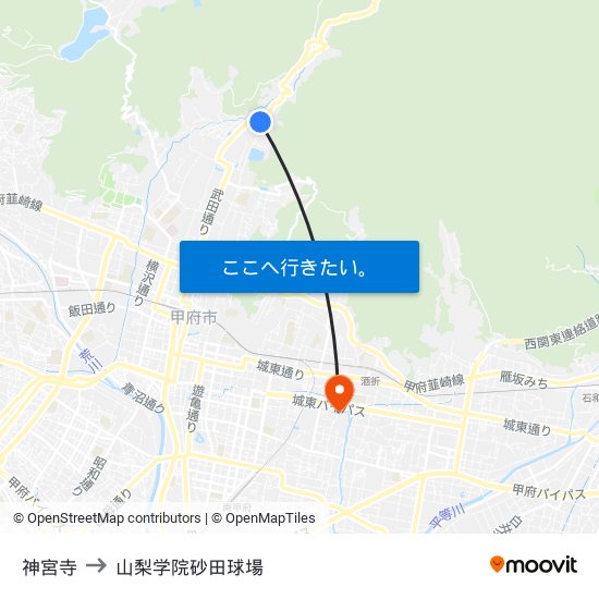 神宮寺 to 山梨学院砂田球場 map