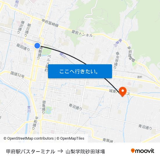 甲府駅バスターミナル to 山梨学院砂田球場 map