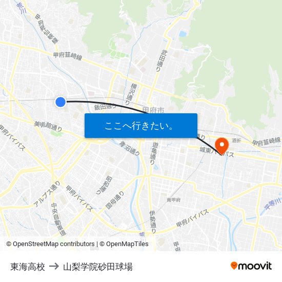 東海高校 to 山梨学院砂田球場 map