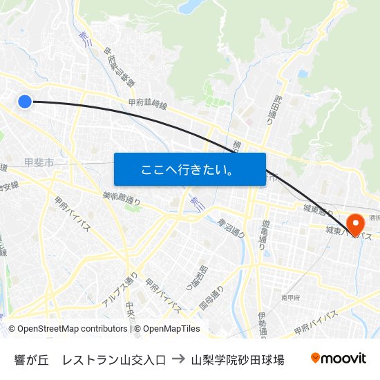 響が丘　レストラン山交入口 to 山梨学院砂田球場 map