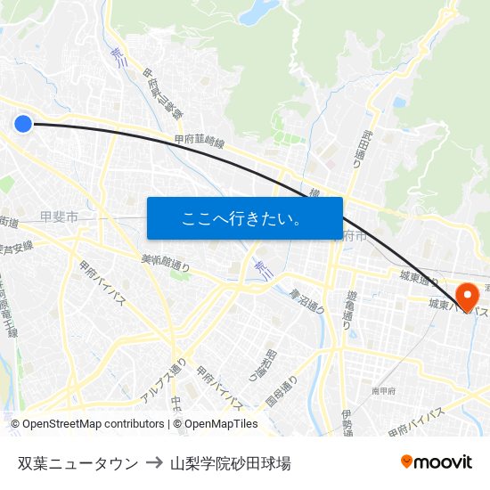 双葉ニュータウン to 山梨学院砂田球場 map