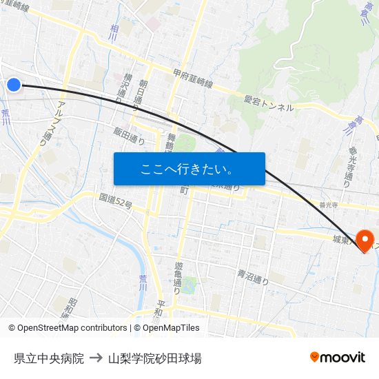 県立中央病院 to 山梨学院砂田球場 map