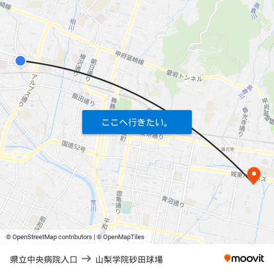 県立中央病院入口 to 山梨学院砂田球場 map