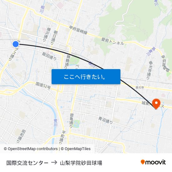 国際交流センター to 山梨学院砂田球場 map