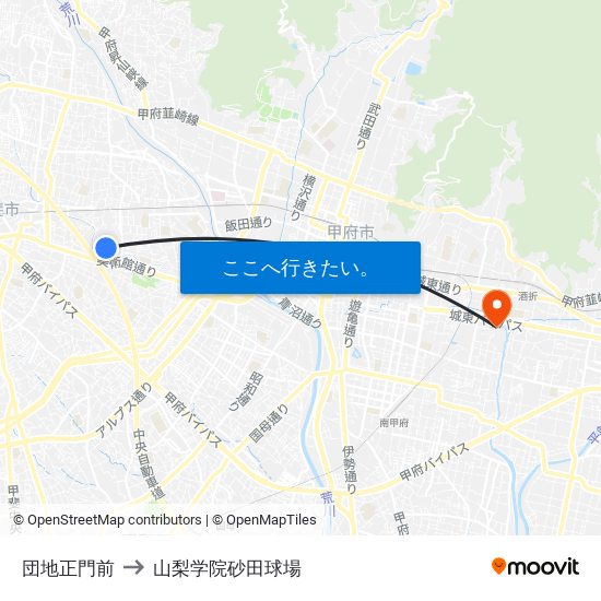 団地正門前 to 山梨学院砂田球場 map