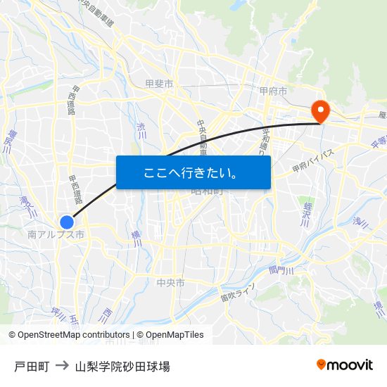 戸田町 to 山梨学院砂田球場 map