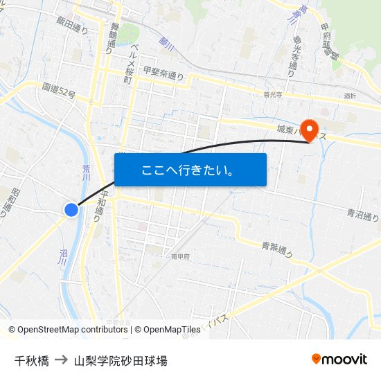 千秋橋 to 山梨学院砂田球場 map
