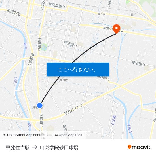 甲斐住吉駅 to 山梨学院砂田球場 map