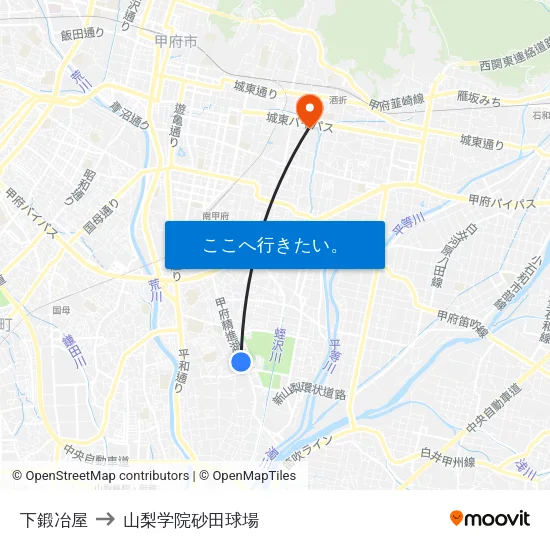 下鍛冶屋 to 山梨学院砂田球場 map