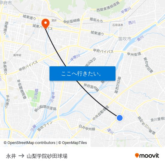 永井 to 山梨学院砂田球場 map