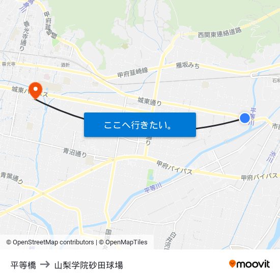 平等橋 to 山梨学院砂田球場 map