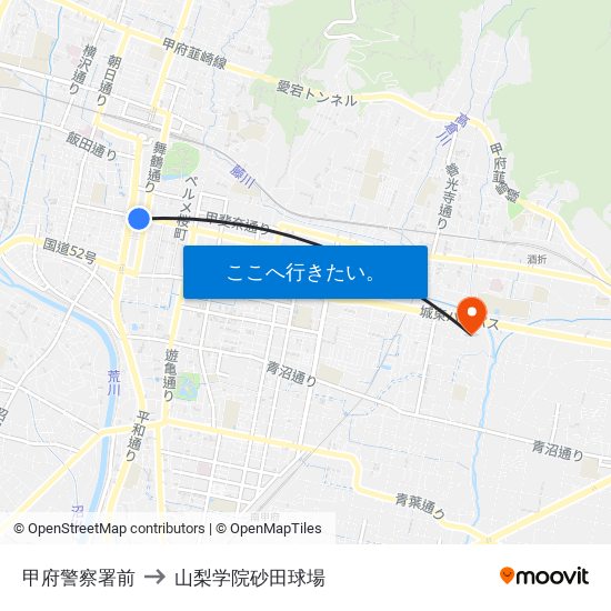 甲府警察署前 to 山梨学院砂田球場 map