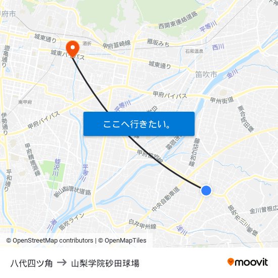 八代四ツ角 to 山梨学院砂田球場 map