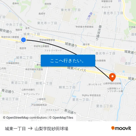 城東一丁目 to 山梨学院砂田球場 map
