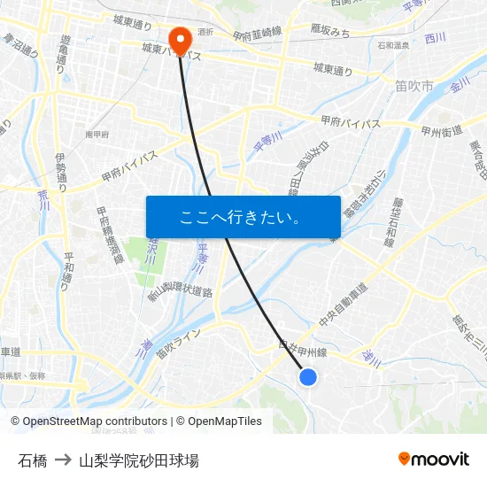 石橋 to 山梨学院砂田球場 map