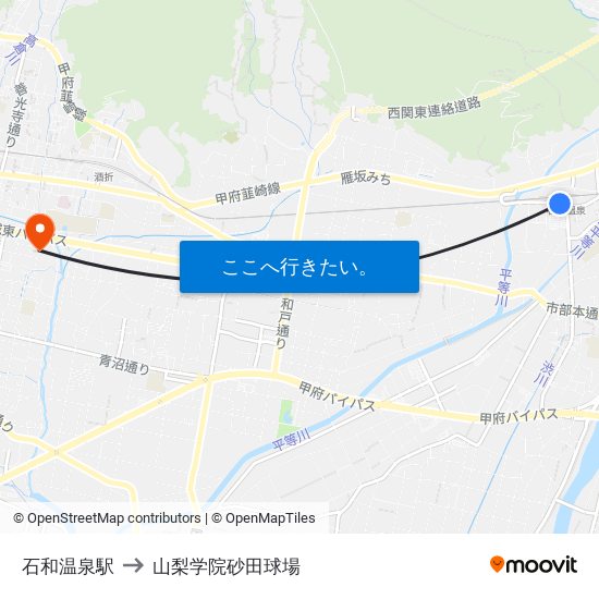 石和温泉駅 to 山梨学院砂田球場 map