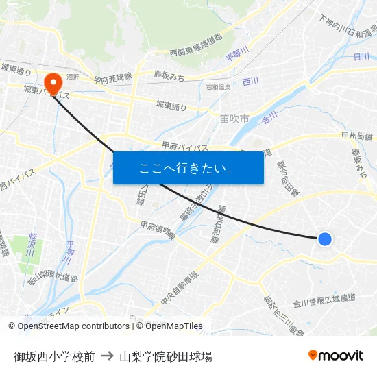 御坂西小学校前 to 山梨学院砂田球場 map