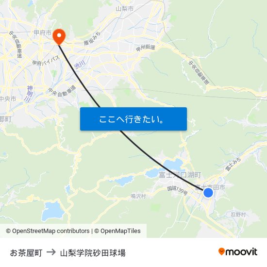 お茶屋町 to 山梨学院砂田球場 map