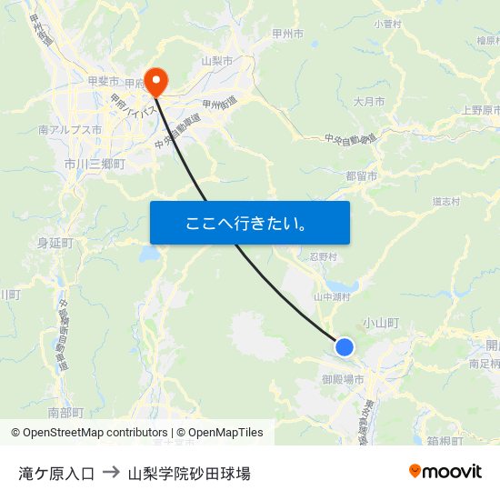 滝ケ原入口 to 山梨学院砂田球場 map