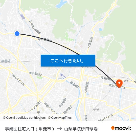 事業団住宅入口（甲斐市） to 山梨学院砂田球場 map