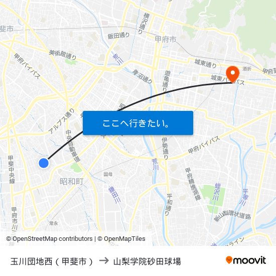 玉川団地西（甲斐市） to 山梨学院砂田球場 map