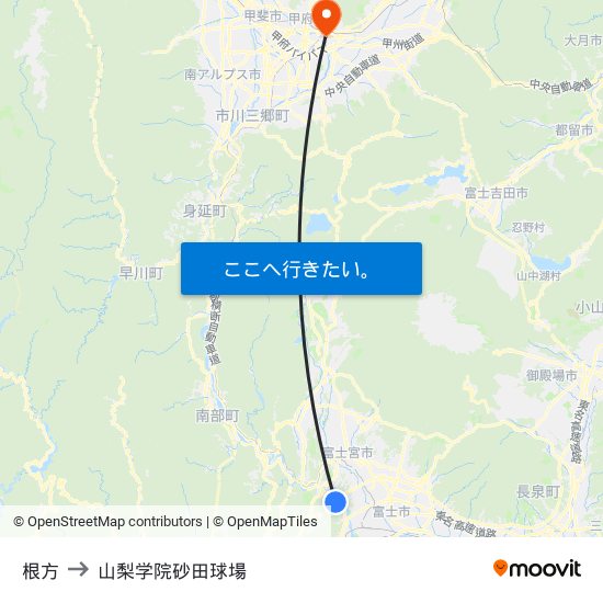 根方 to 山梨学院砂田球場 map