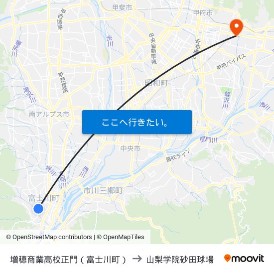 増穂商業高校正門（富士川町） to 山梨学院砂田球場 map