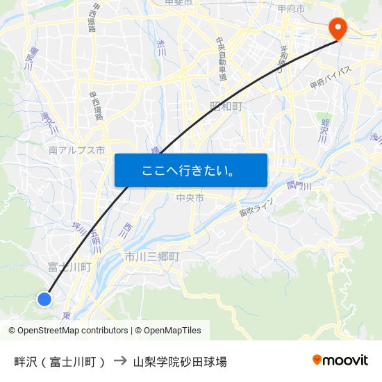畔沢（富士川町） to 山梨学院砂田球場 map