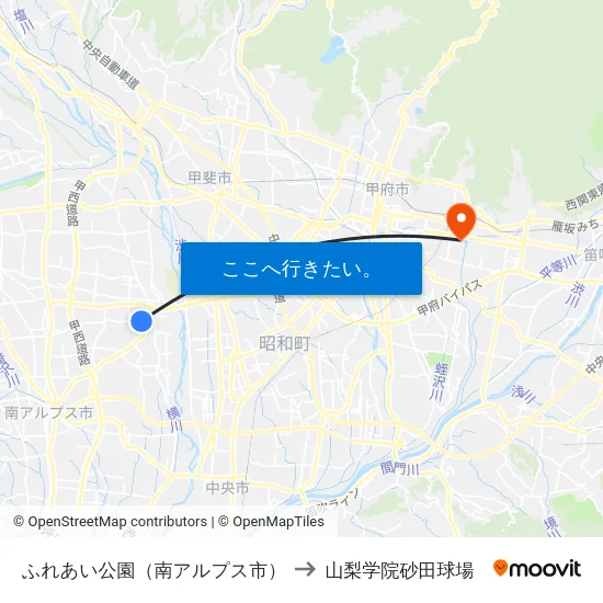 ふれあい公園（南アルプス市） to 山梨学院砂田球場 map
