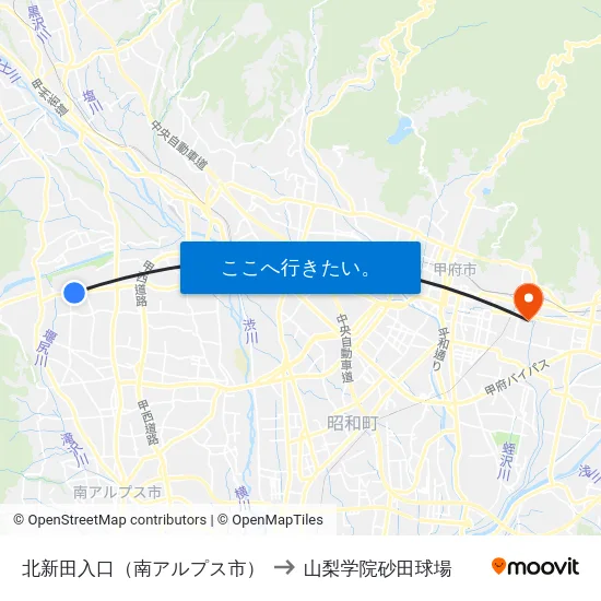 北新田入口（南アルプス市） to 山梨学院砂田球場 map