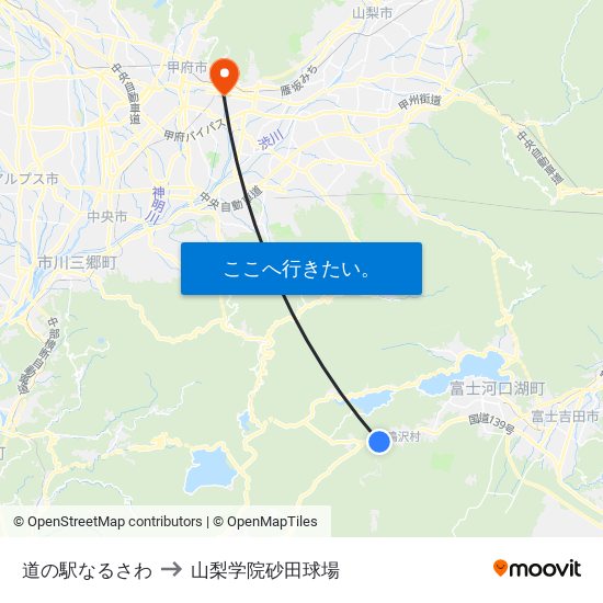 道の駅なるさわ to 山梨学院砂田球場 map