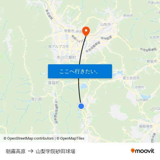 朝霧高原 to 山梨学院砂田球場 map