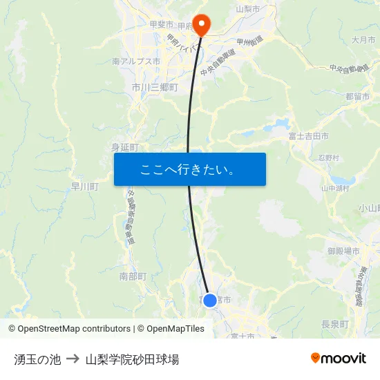 湧玉の池 to 山梨学院砂田球場 map