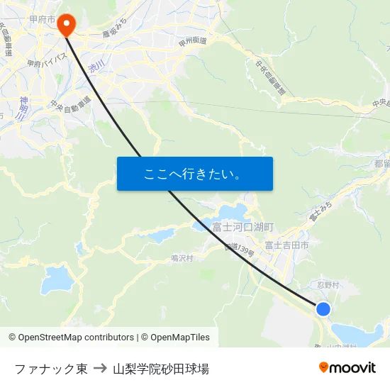 ファナック東 to 山梨学院砂田球場 map