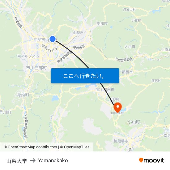 山梨大学 to Yamanakako map