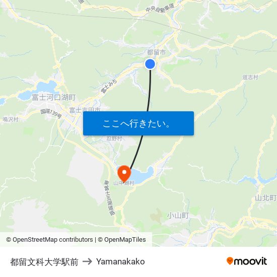 都留文科大学駅前 to Yamanakako map