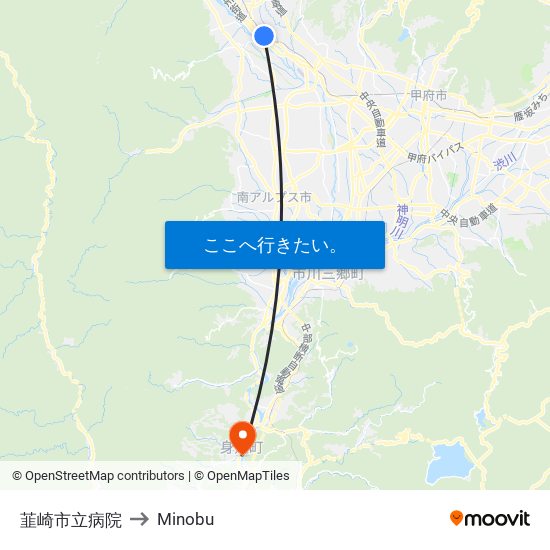 韮崎市立病院 to Minobu map