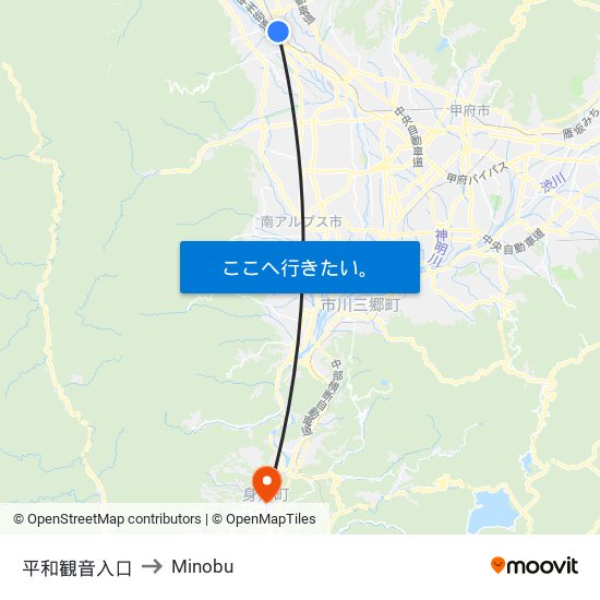 平和観音入口 to Minobu map