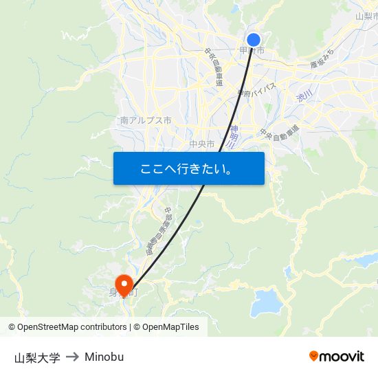 山梨大学 to Minobu map