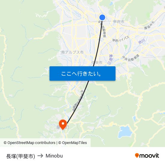 長塚(甲斐市) to Minobu map
