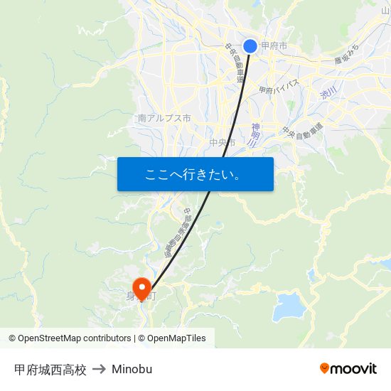 甲府城西高校 to Minobu map