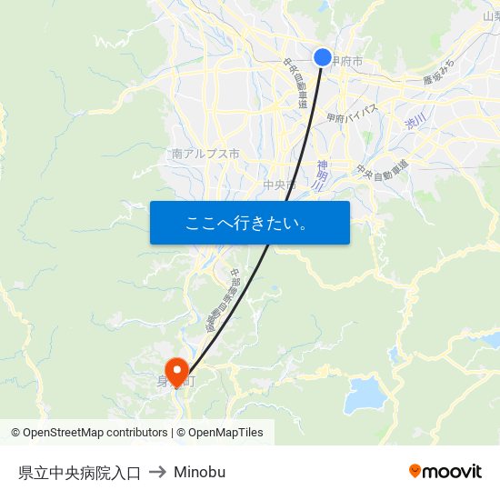 県立中央病院入口 to Minobu map