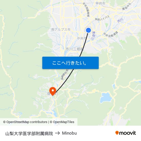 山梨大学医学部附属病院 to Minobu map