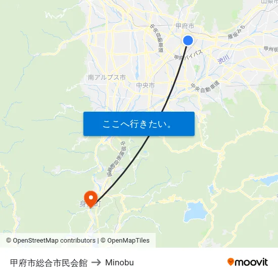 甲府市総合市民会館 to Minobu map